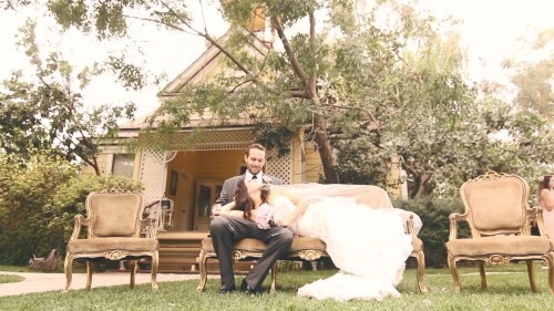 Bride and groom on couch