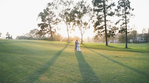 Bride and groom at sunset.