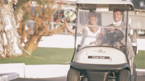 Bride & Groom in Golf Cart