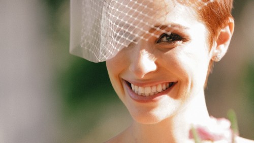 Close up of bride in bird cage veil