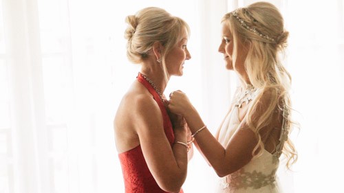 Bride and mother embrace