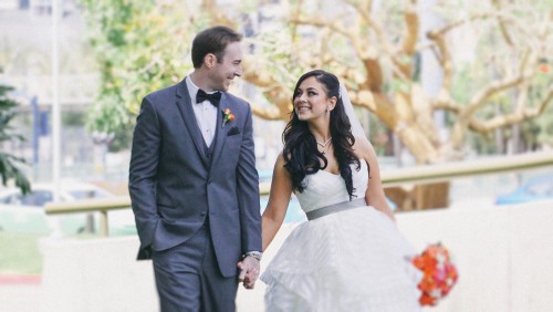 Bride and groom walking at Marriott Marquis San Diego Marina