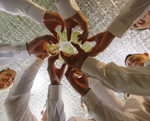 View from bottom as groomsmen toast at Twin Oaks Garden Estate