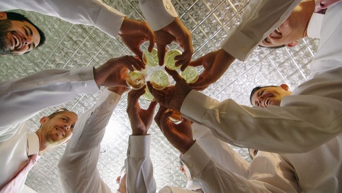 View from bottom as groomsmen toast at Twin Oaks Garden Estate