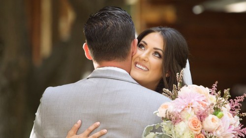 Bride and groom first look at Lake Oak Meadows Wedding in temecula wine country