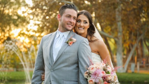 Bride and groom at sunset