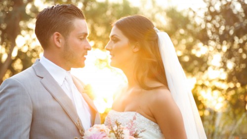 Bride and groom at sunset at Lake Oak Meadows Wedding