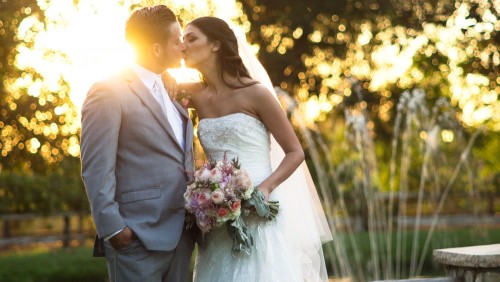 Bride and groom at sunset