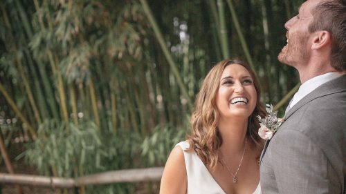 happy bride and groom at San Diego Botanical Gardens