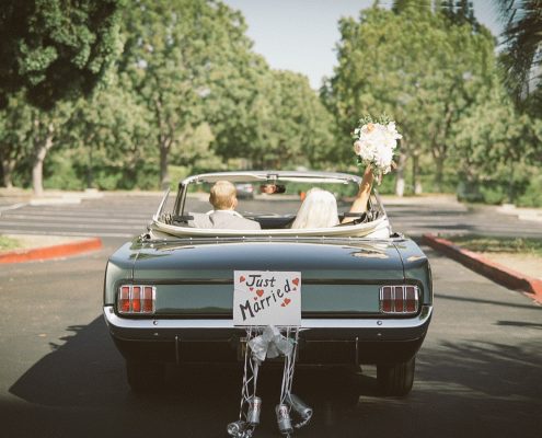 bride and groom vintage ford mustang