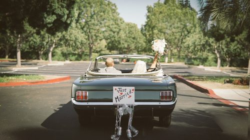 bride and groom vintage ford mustang