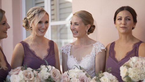 Bride with Bridesmaids at La Valencia wedding before ceremony.