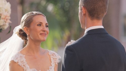 Bride in La Valencia wedding video during Ceremony La Jolla.