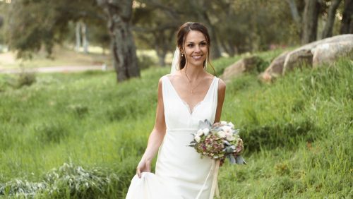 Bride at Bride and groom Mt Woodson Castle oak trees