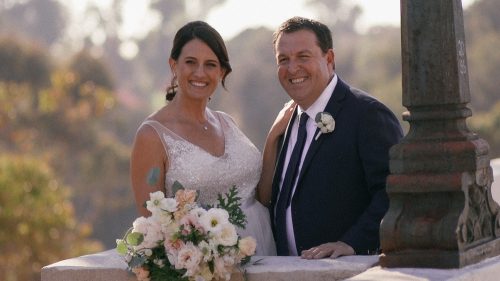 Bride and groom on the bride at balboa park in San Diego wedding video