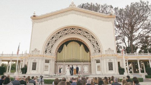 Bride and groom wedding at Spreckels Organ Pavilion in Balb