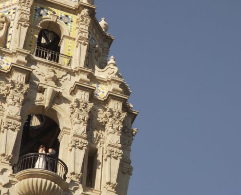 bride and groom in the top of the tower of the Museum of Man in Balboa Park San Diego