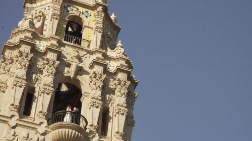 bride and groom in the top of the tower of the Museum of Man in Balboa Park San Diego
