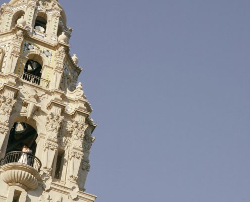 bride and groom in the top of the tower of the Museum of Man in Balboa Park San Diego