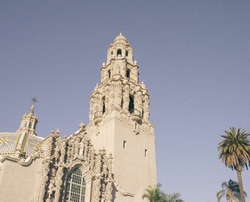 bride and groom in the top of the tower of the Museum of Man in Balboa Park San Diego