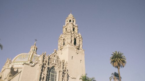 bride and groom in the top of the tower of the Museum of Man in Balboa Park San Diego