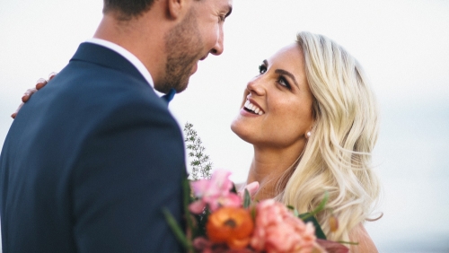 Bride and groom together at Adamson House Museum in Malibu wedding video 