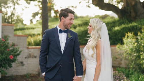 Bride and groom together at Adamson House Museum in Malibu wedding video 