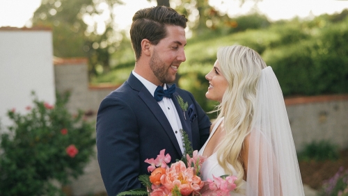 Bride and groom together at Adamson House Museum in Malibu wedding video 