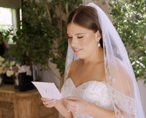 Bride reading card from groom before wedding