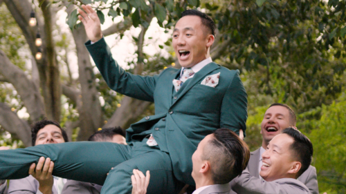 Groomsmen picking up groom at Botanica